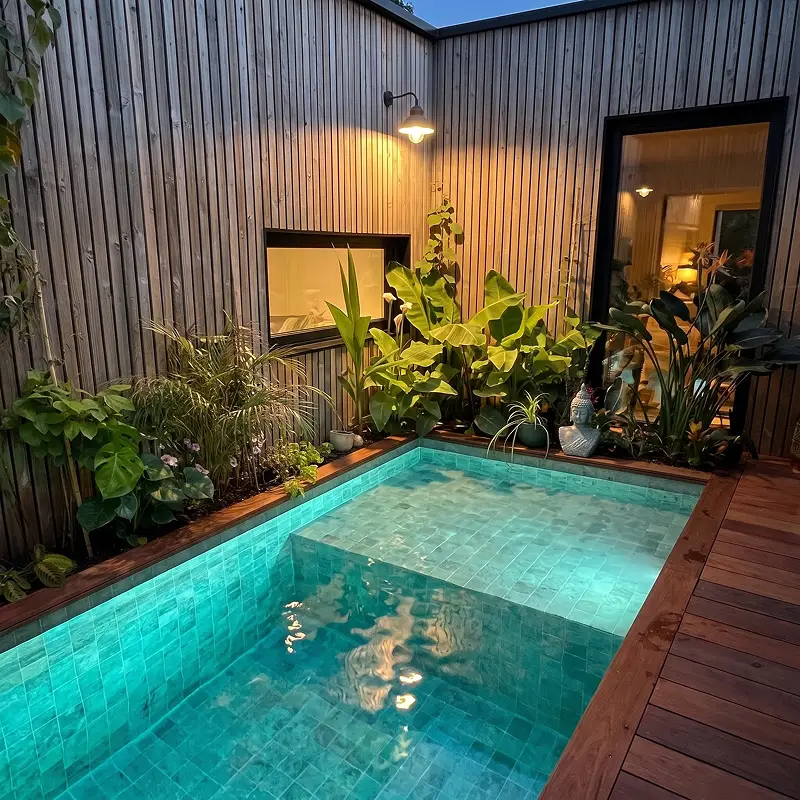 piscina balinesa con piedra de Bali natural por la noche